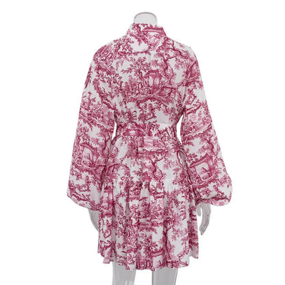 Stylish ink print A-line dress with fashionable puffy sleeves and lapel tie detail