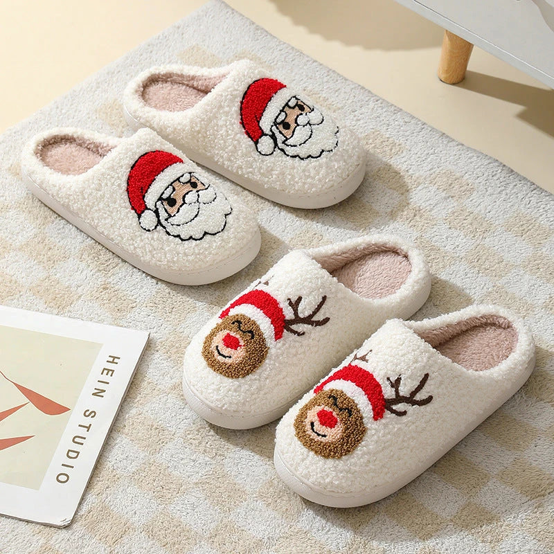 Cozy Christmas slippers in festive designs like Santa Claus, Moose, and Gingerbread Man, featuring plush lining and durable soles