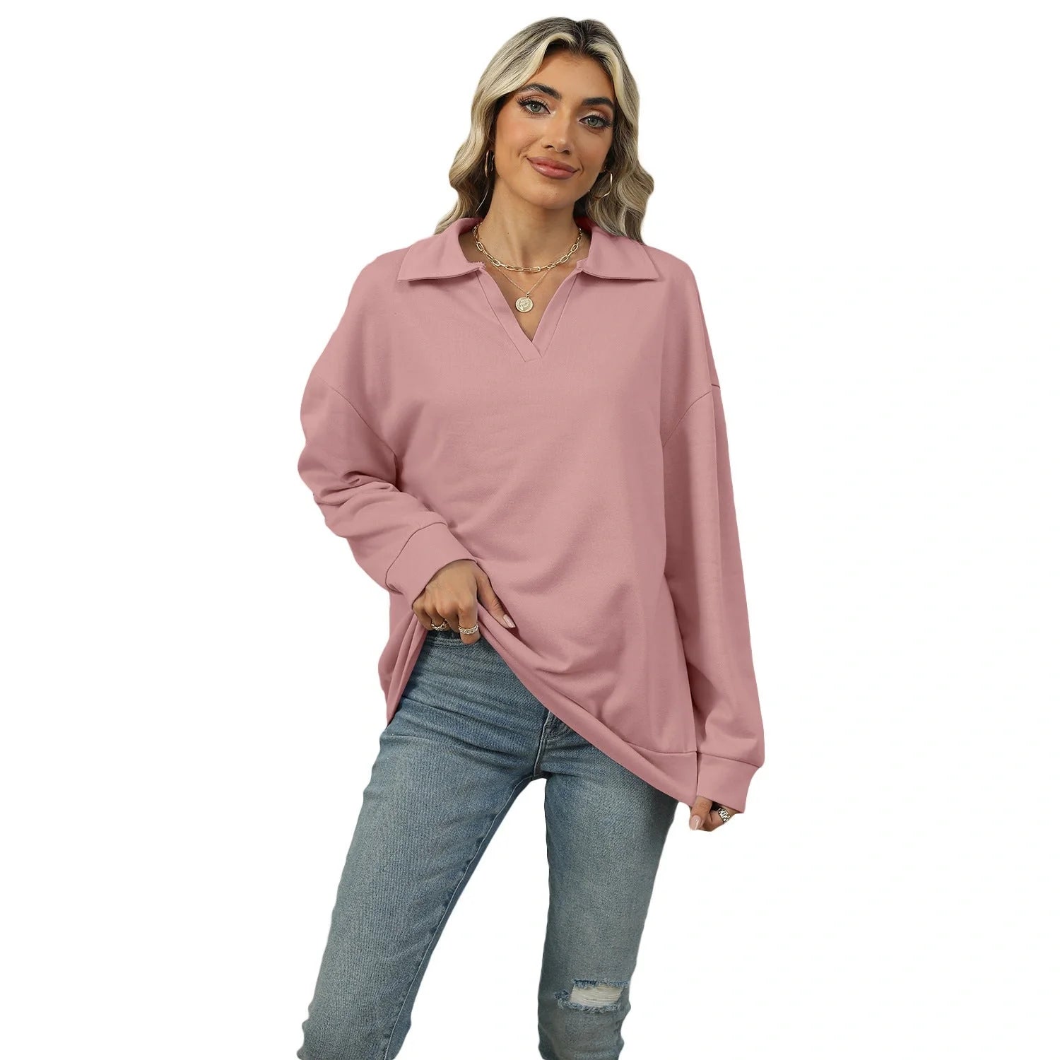 Women's Lapel V-neck Sweatshirt in solid colours with long sleeves