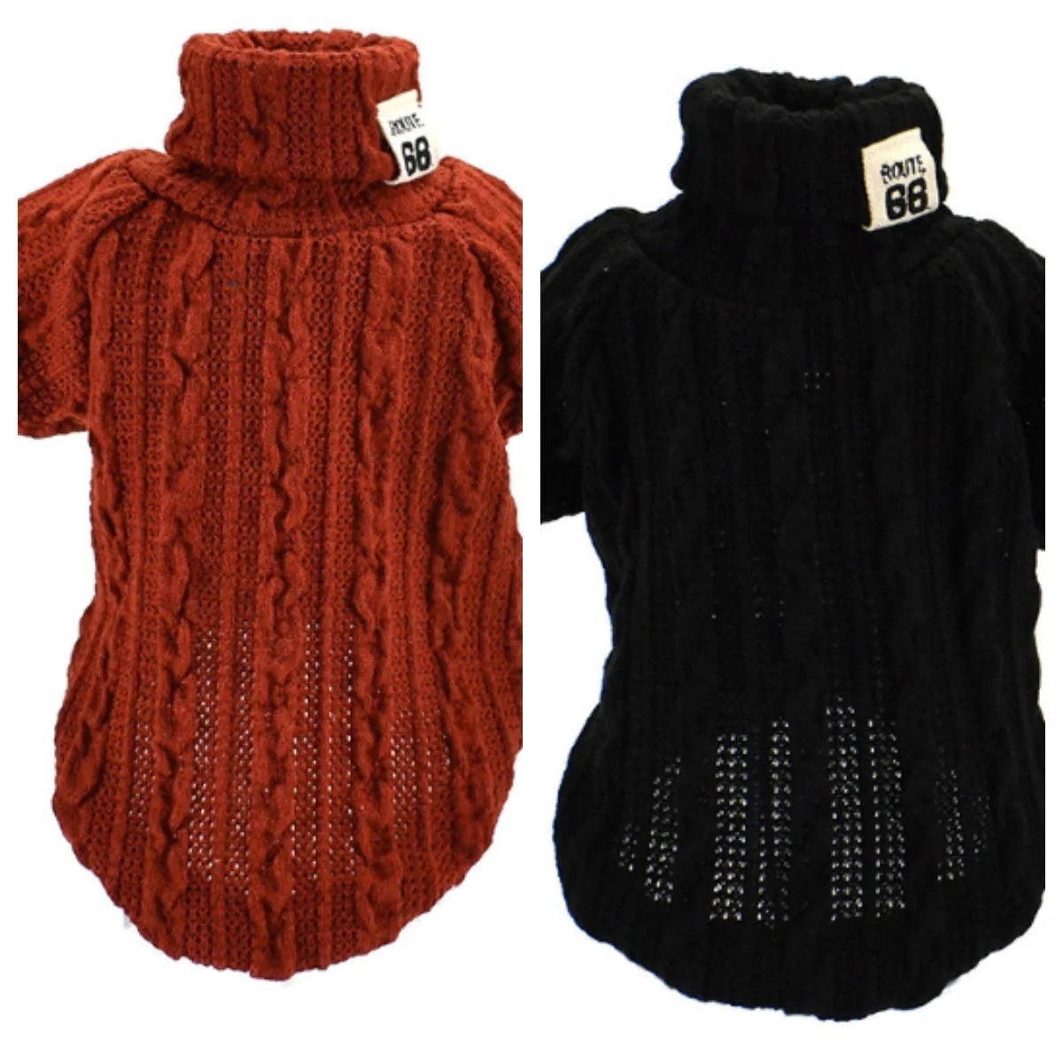 Dog wearing a warm acrylic turtleneck sweater in various colours, suitable for small to medium breeds.
