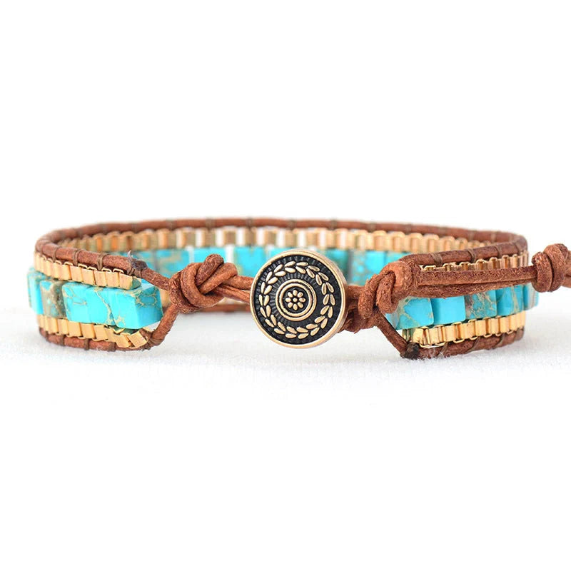Hand-woven blue leather bracelet with imperial stone detail