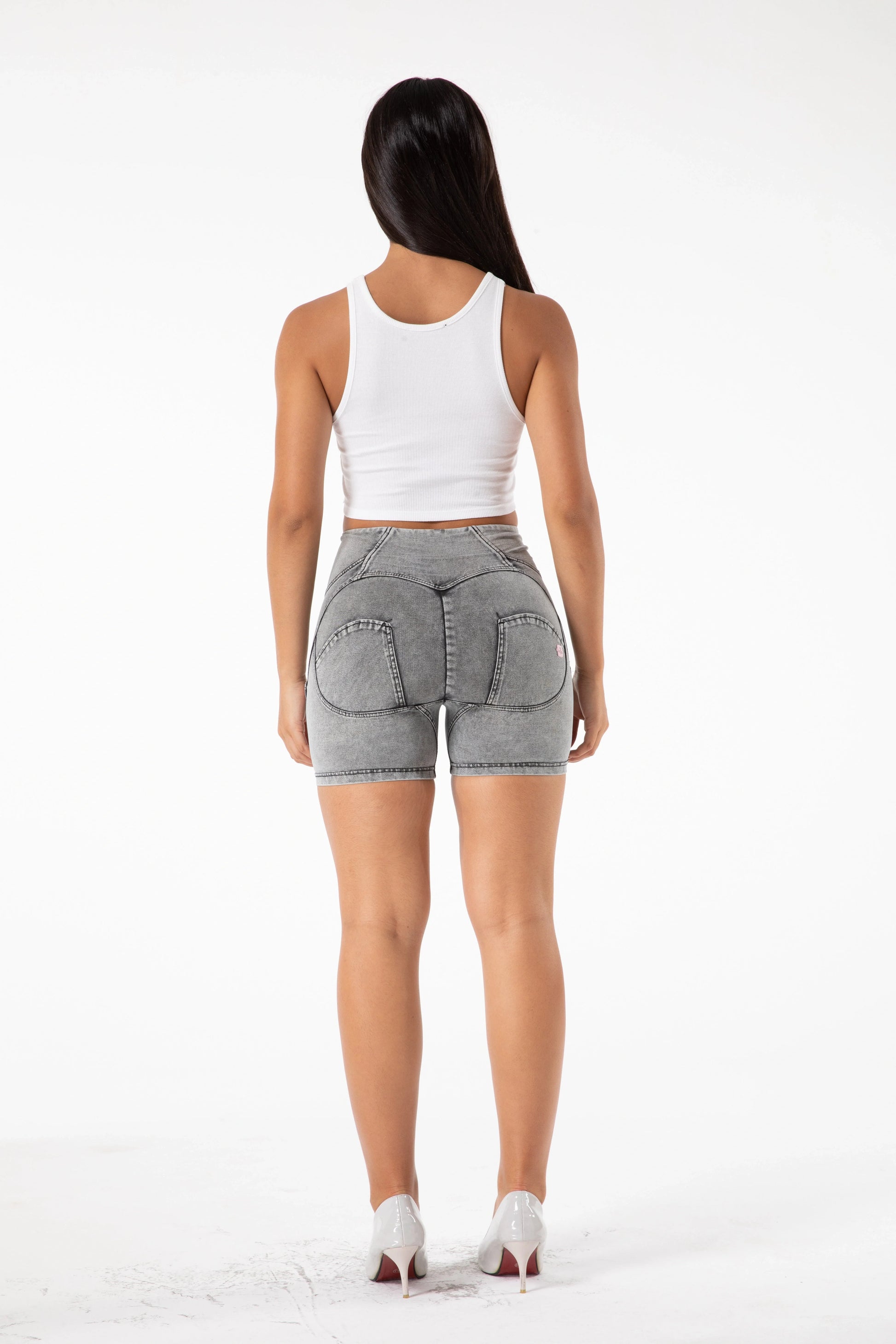 Shascullfites Melody High Waisted Denim Shorts in grey, featuring a soft stretch material for comfort.
