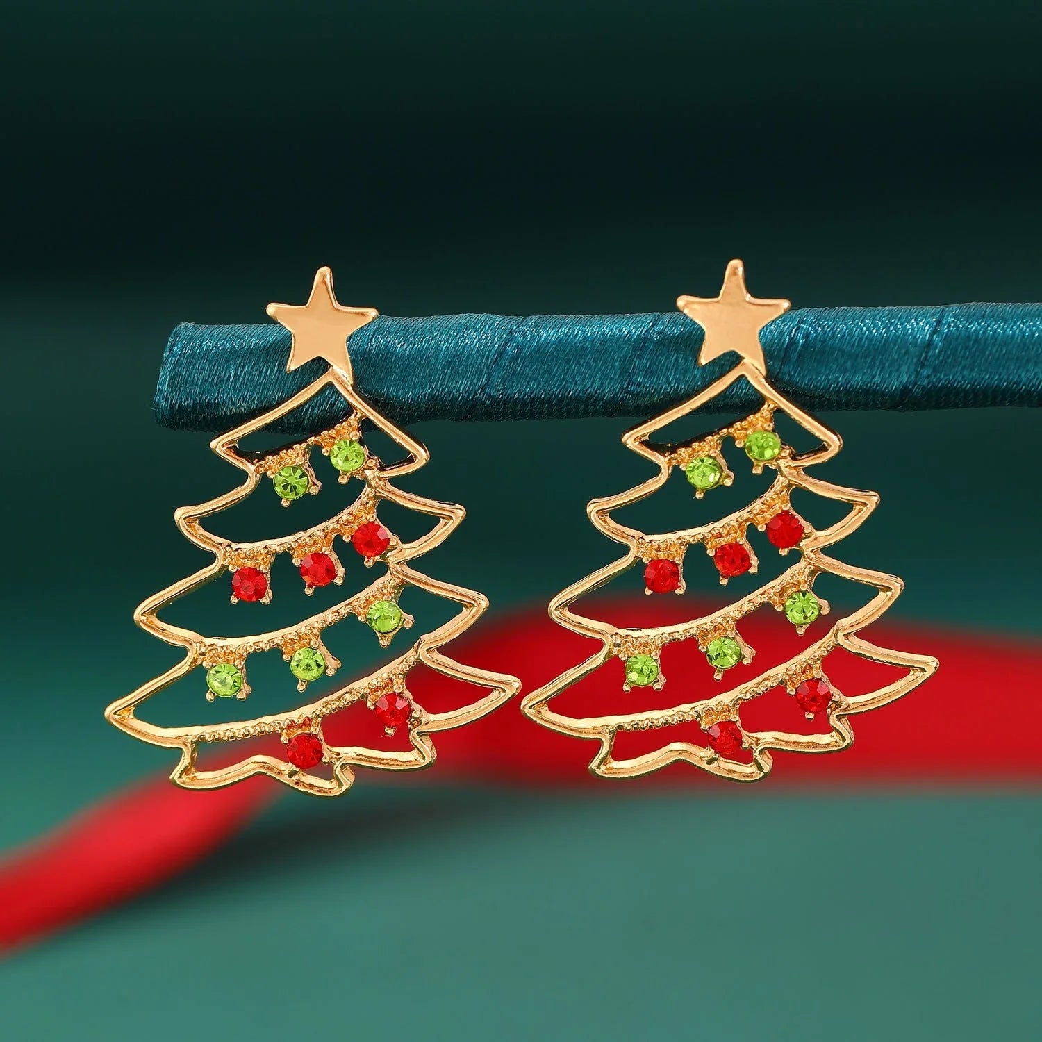 Christmas Tree Zircon Earrings in Gold Red White and Gold Red Green