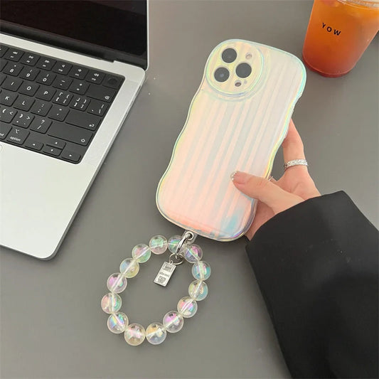Laser Wave Silicone Phone Case with gradient laser stripes and bead chain for iPhone