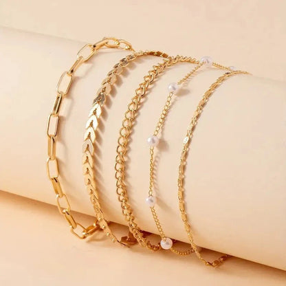 Summer Fashion 5-piece Pearl Anklet in gold and silver, geometric design
