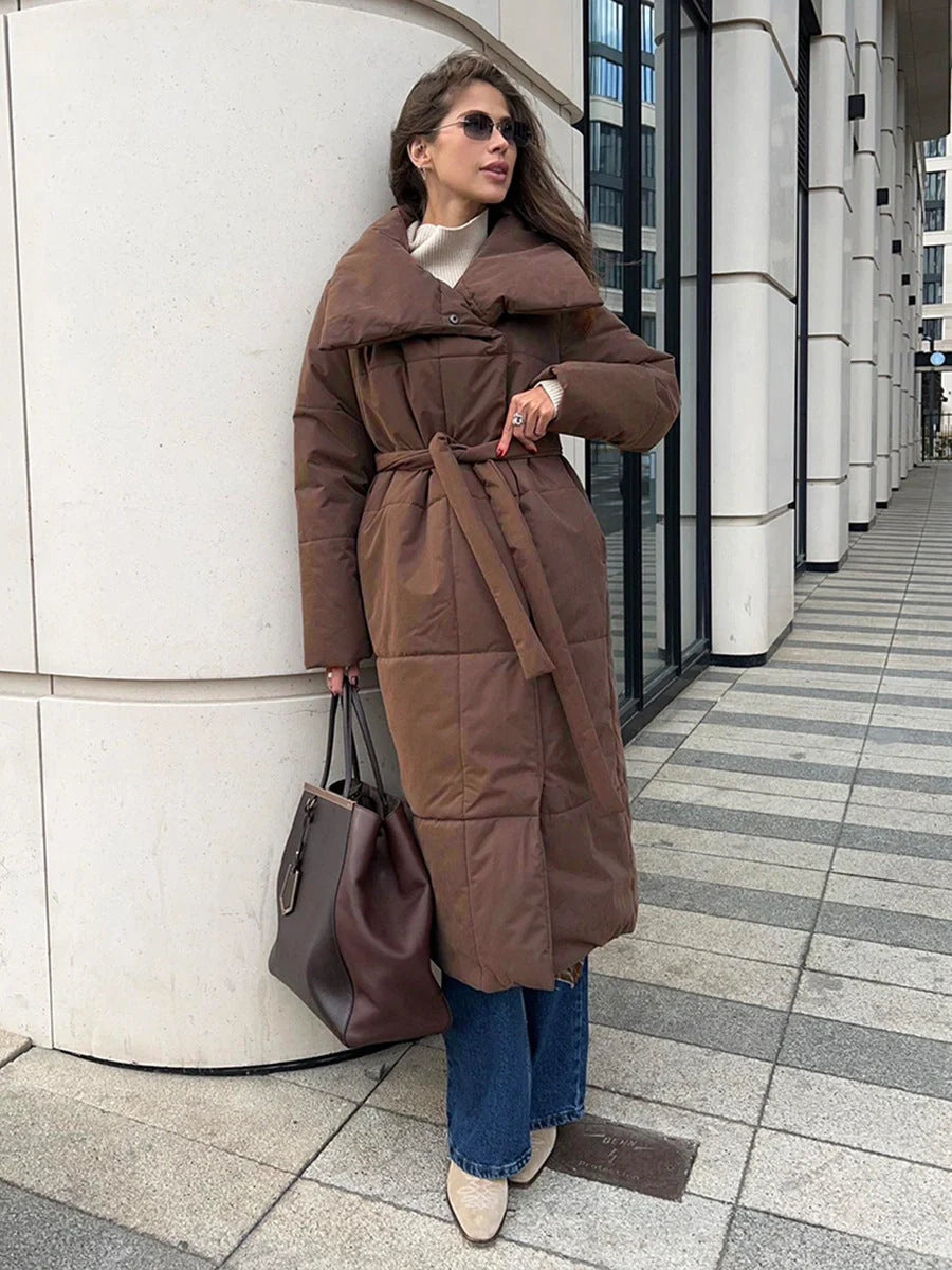 Women's winter warm cotton jacket with large lapel and lace-up design in various colours