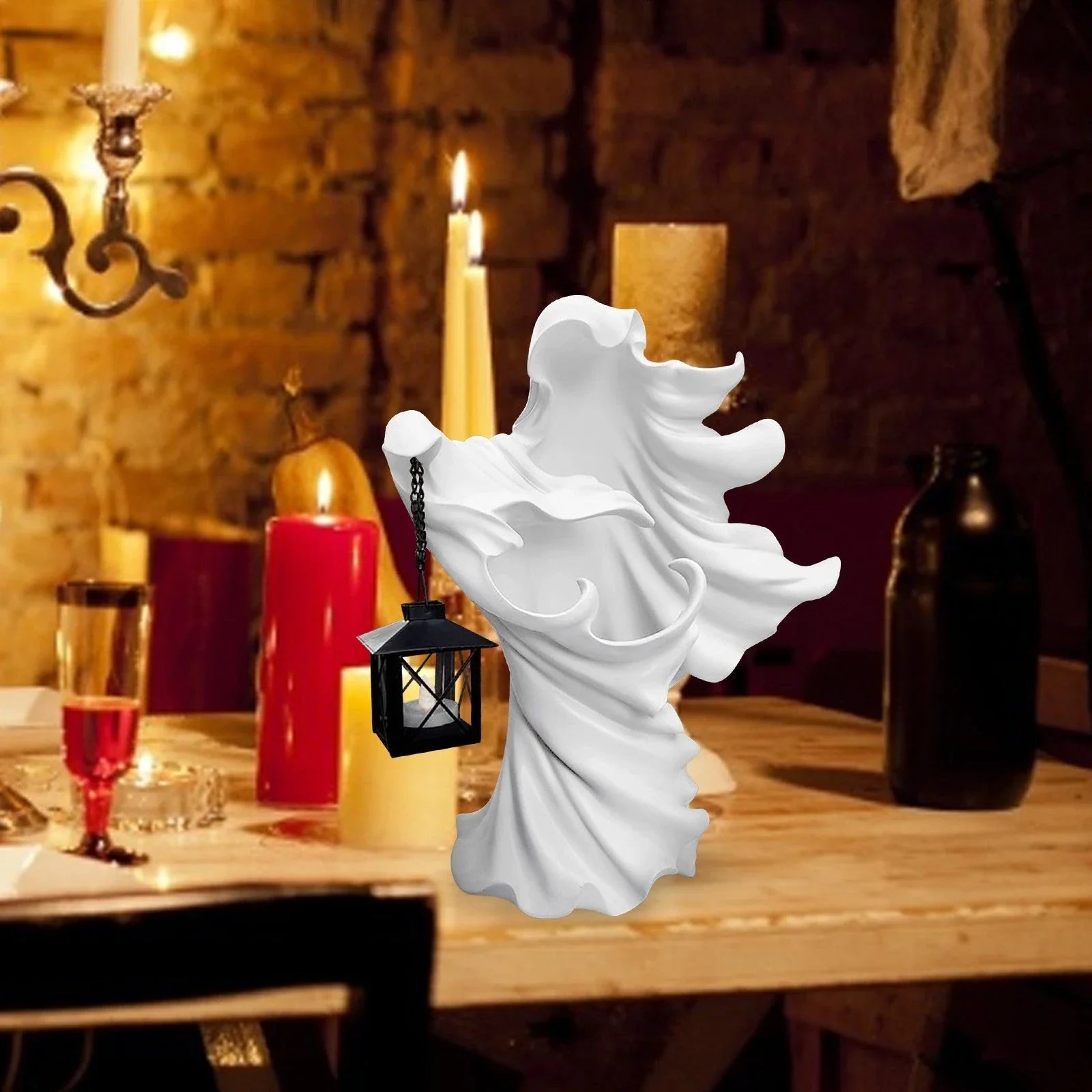 Handcrafted faceless ghost sculpture made of resin, perfect for Halloween decor and parties