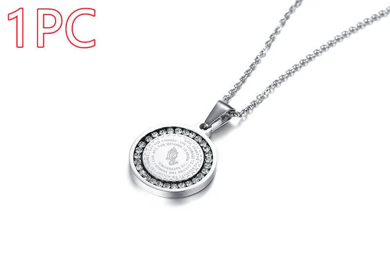 Premium stainless steel pendant with sparkling rhinestones and engraved English Scripture