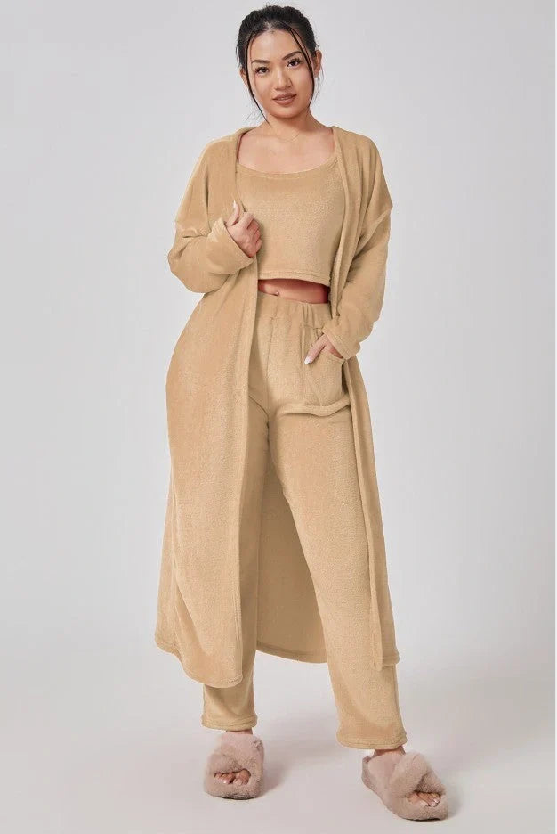 Cozy 3-Piece Lounge Set in soft, fluffy cotton-polyester blend with cropped top, wide-leg pants, and matching cardigan in various pastel colors