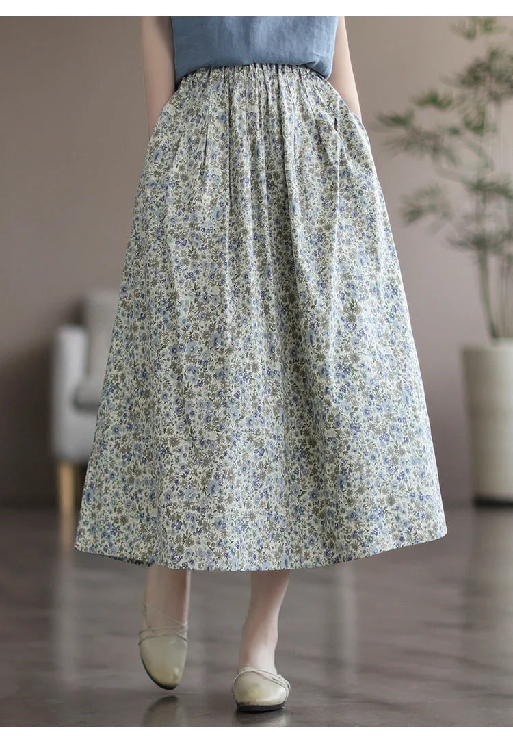 Artistic Floral Washed Cotton Skirt with little yellow and blue flowers, urban leisure style