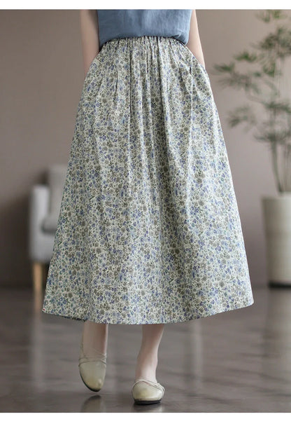 Artistic Floral Washed Cotton Skirt with little yellow and blue flowers, urban leisure style