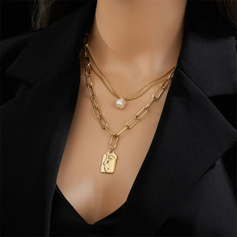 Layered face portrait chain choker necklace set with pearls for women