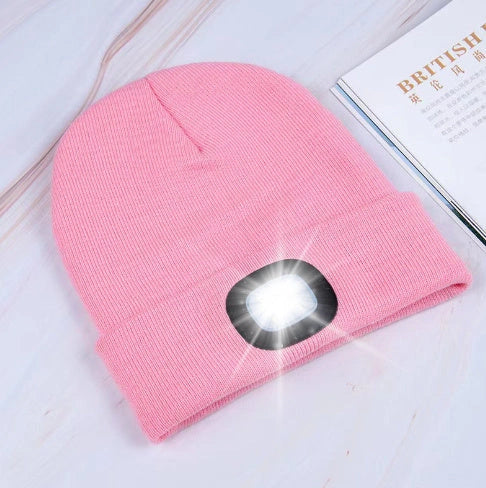 LED Knit Hat with built-in light for night visibility, made from 100% wool