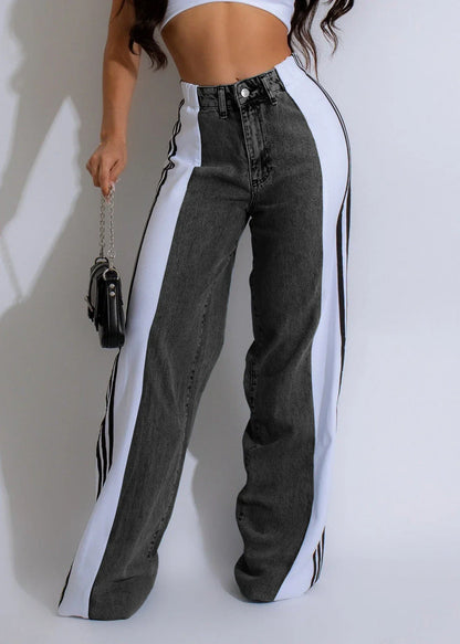 Stylish high-waist denim pants with patchwork details, available in a range of trendy color combinations