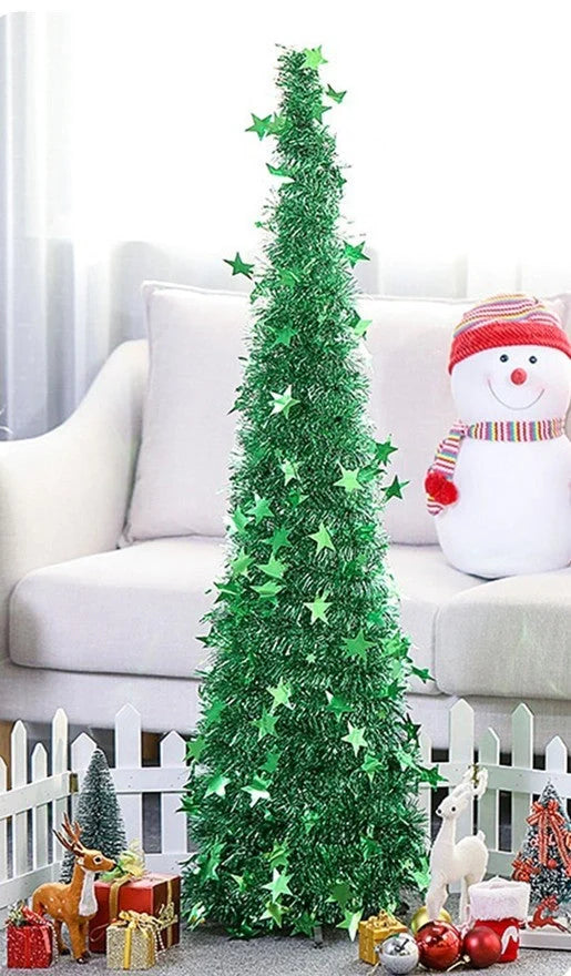 Collapsible artificial Christmas tree with stand and sequin decorations