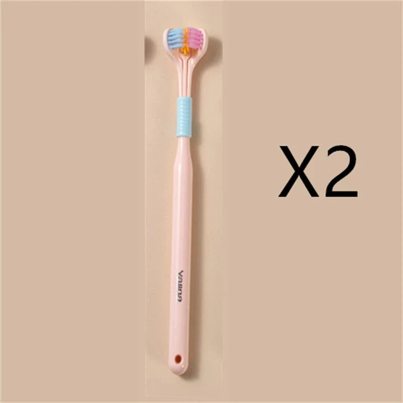 Soft bristle toothbrush with 3-sided brush head for thorough dental cleaning