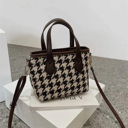 Stylish houndstooth shoulder bags in various colors, including black, coffee, and brown, with and without pendants, featuring a portable and versatile design for everyday use.