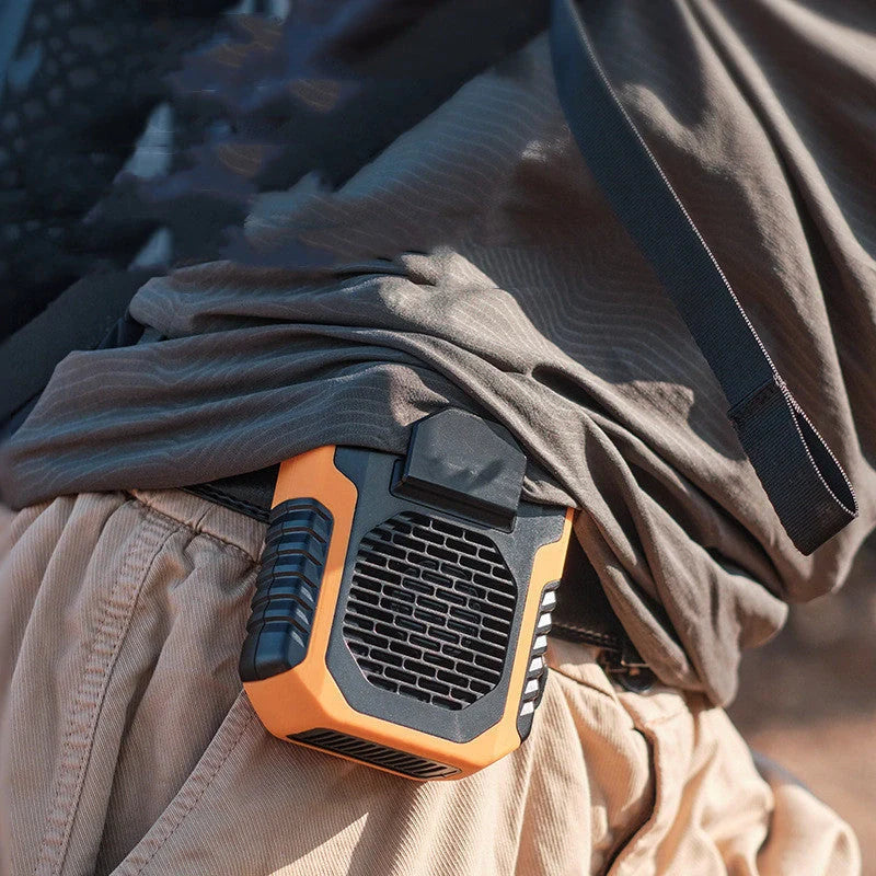 Portable waist fan with USB charging in green, black, and orange