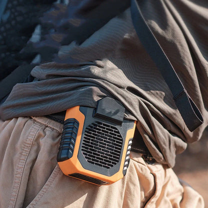 Portable waist fan with USB charging in green, black, and orange