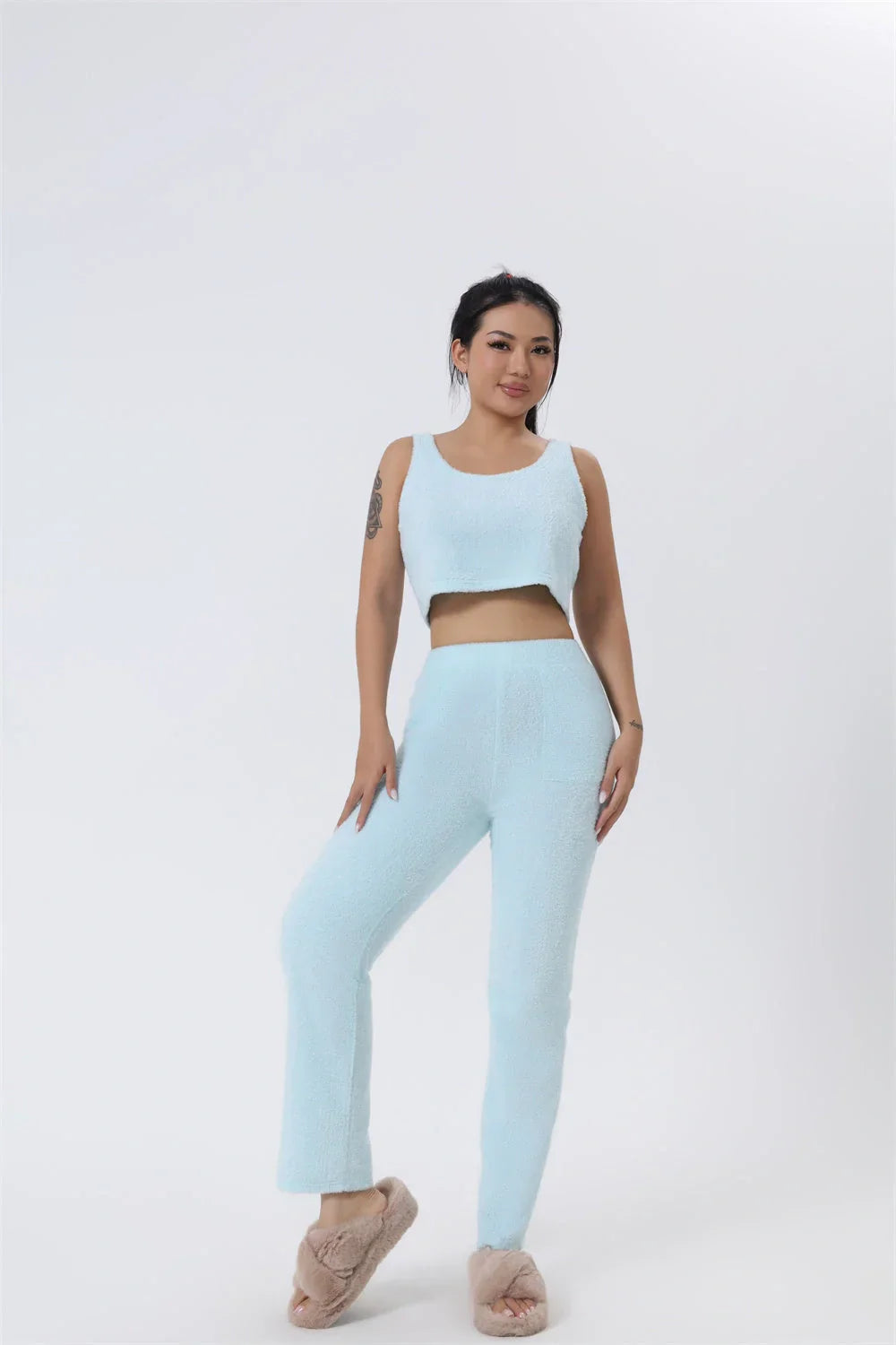 Cozy 3-Piece Lounge Set in soft, fluffy cotton-polyester blend with cropped top, wide-leg pants, and matching cardigan in various pastel colors