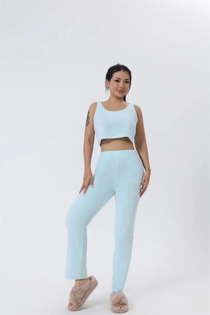 Cozy 3-Piece Lounge Set in soft, fluffy cotton-polyester blend with cropped top, wide-leg pants, and matching cardigan in various pastel colors
