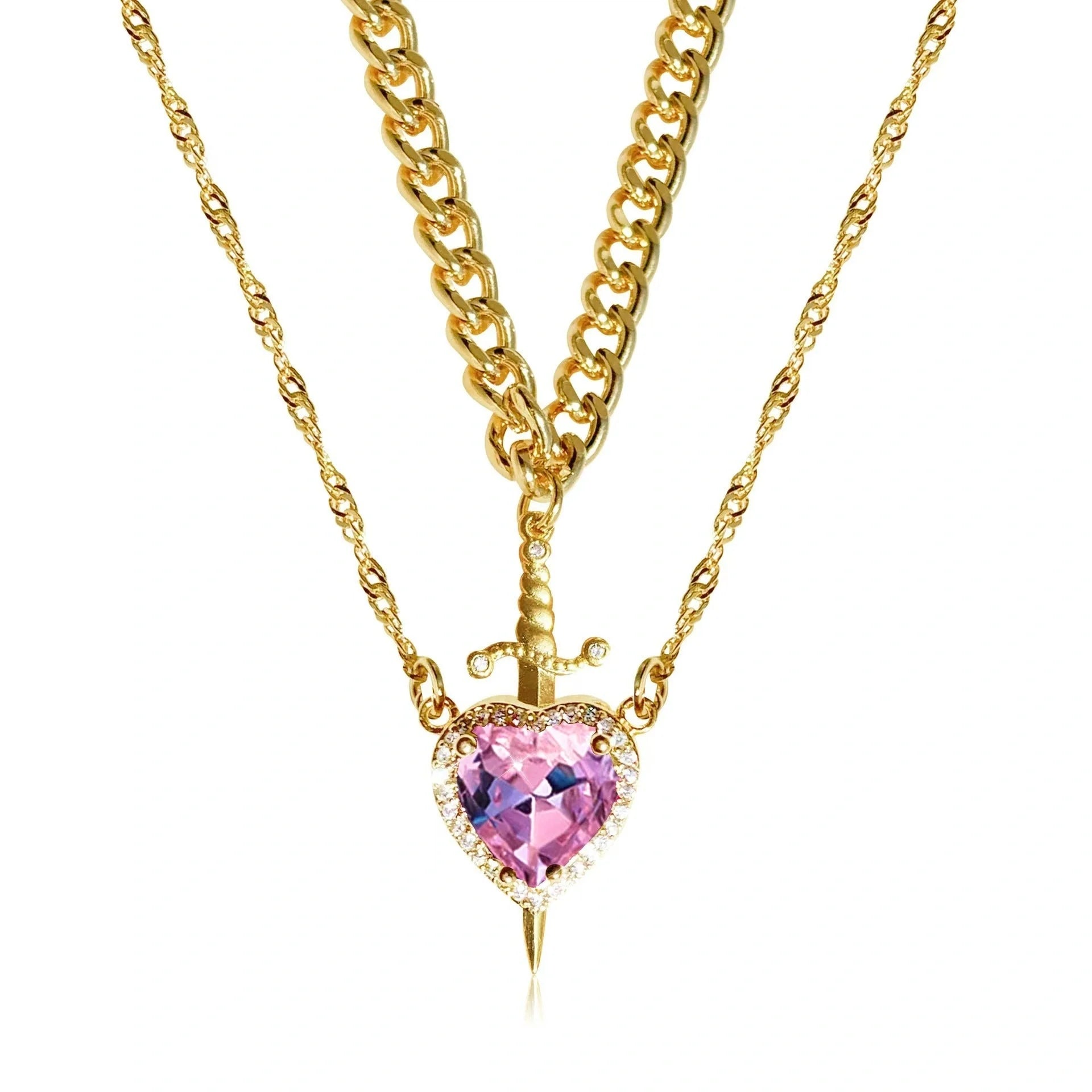 Exquisite Heart and Sword Couple Necklaces in gold and silver, symbolising love and protection