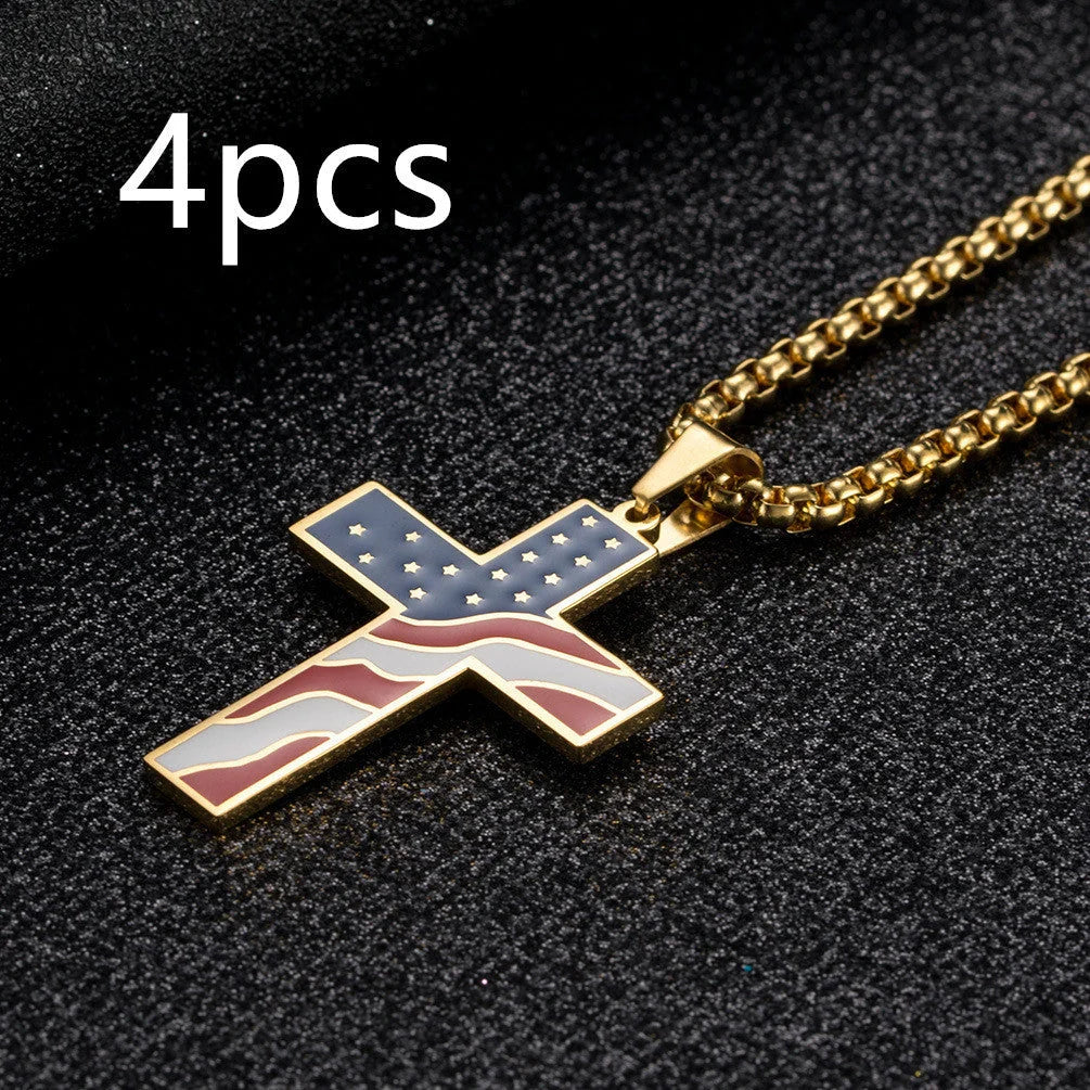 Stainless steel flag cross necklace for men, geometric design, polished finish.