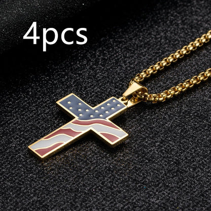 Stainless steel flag cross necklace for men, geometric design, polished finish.