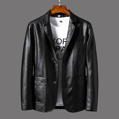 A stylish leather jacket with a unique studded lapel design, perfect for autumn and winter wear.