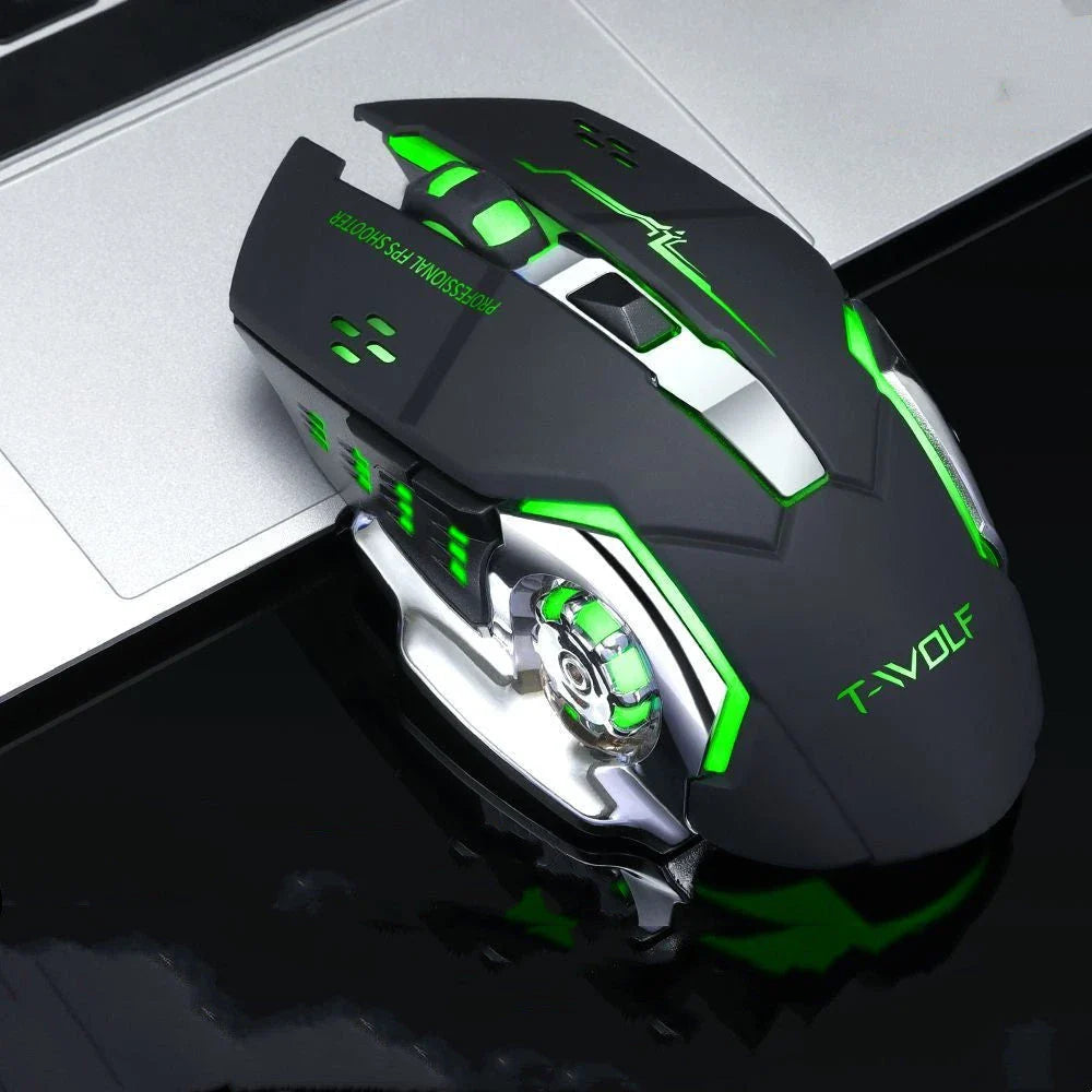 Wireless 2.4GHz optical gaming mouse with 2400 DPI precision, 6 programmable keys, and vibrant backlit design