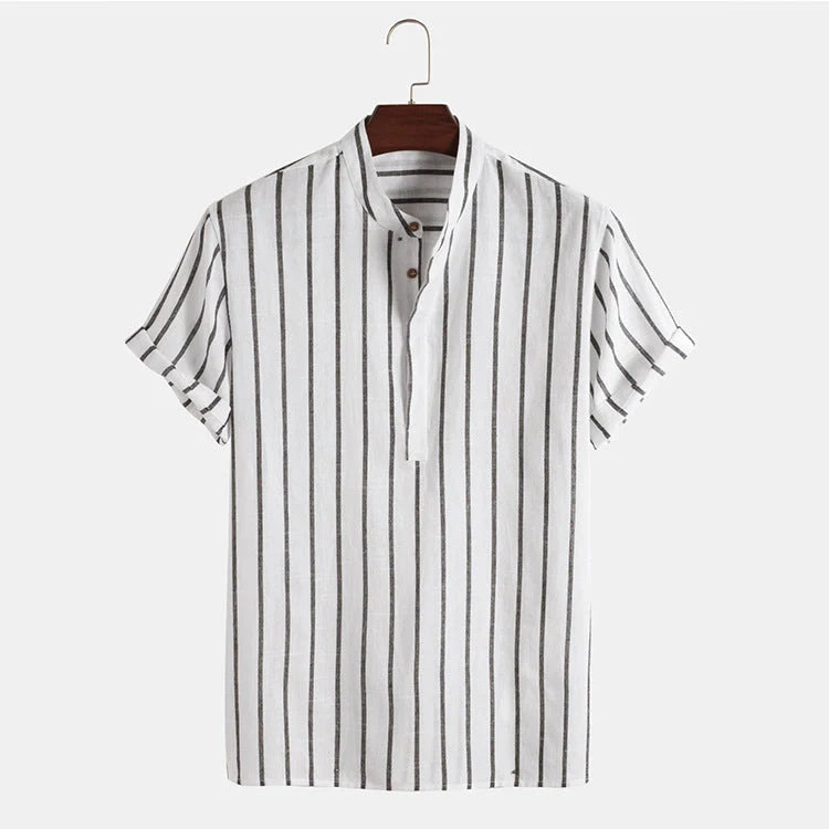 Men's striped cotton short sleeve shirt in white, red, grey, and blue