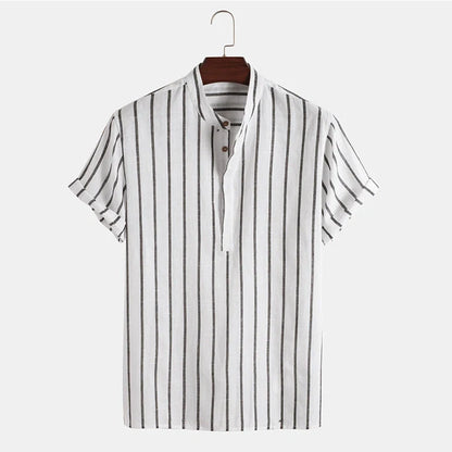 Men's striped cotton short sleeve shirt in white, red, grey, and blue