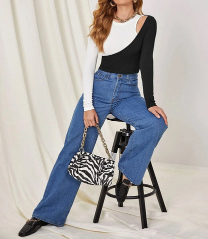 Stylish strapless cropped t-shirt in a trendy colorblock design, perfect for elevating any casual outfit.
