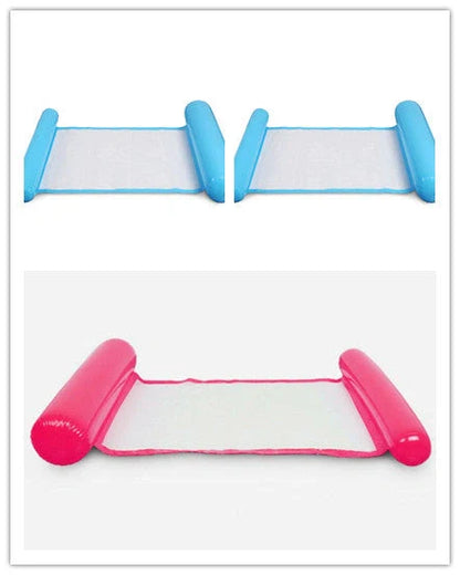Inflatable water lounge chair in blue, floating in pool with hammock-style design
