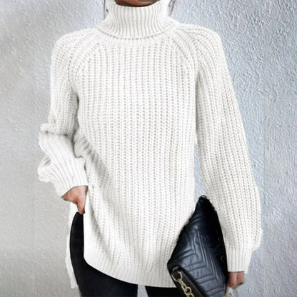A stylish turtleneck pullover sweater with a unique split design, available in a variety of classic colours and sizes.