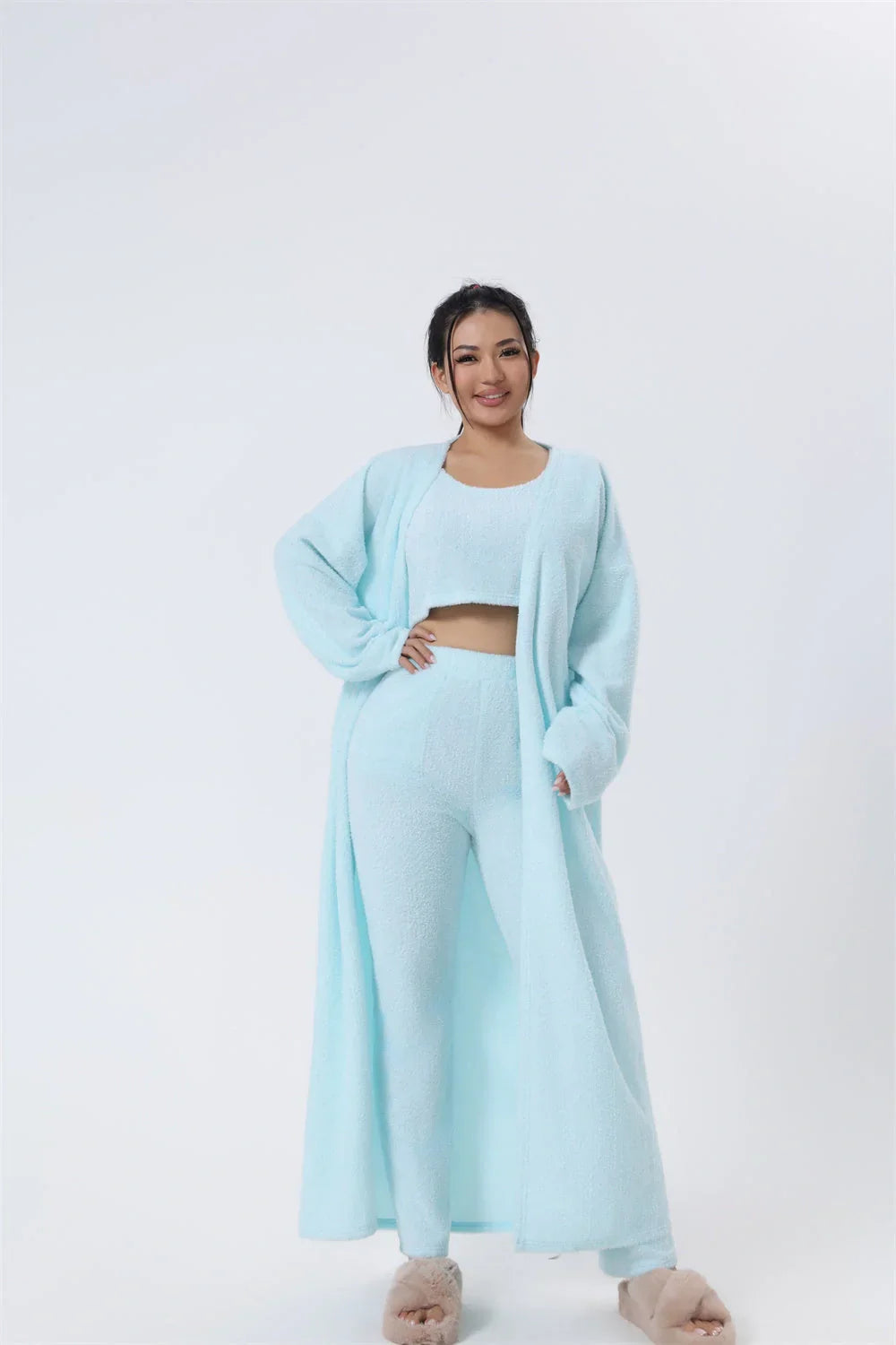 Cozy 3-Piece Lounge Set in soft, fluffy cotton-polyester blend with cropped top, wide-leg pants, and matching cardigan in various pastel colors