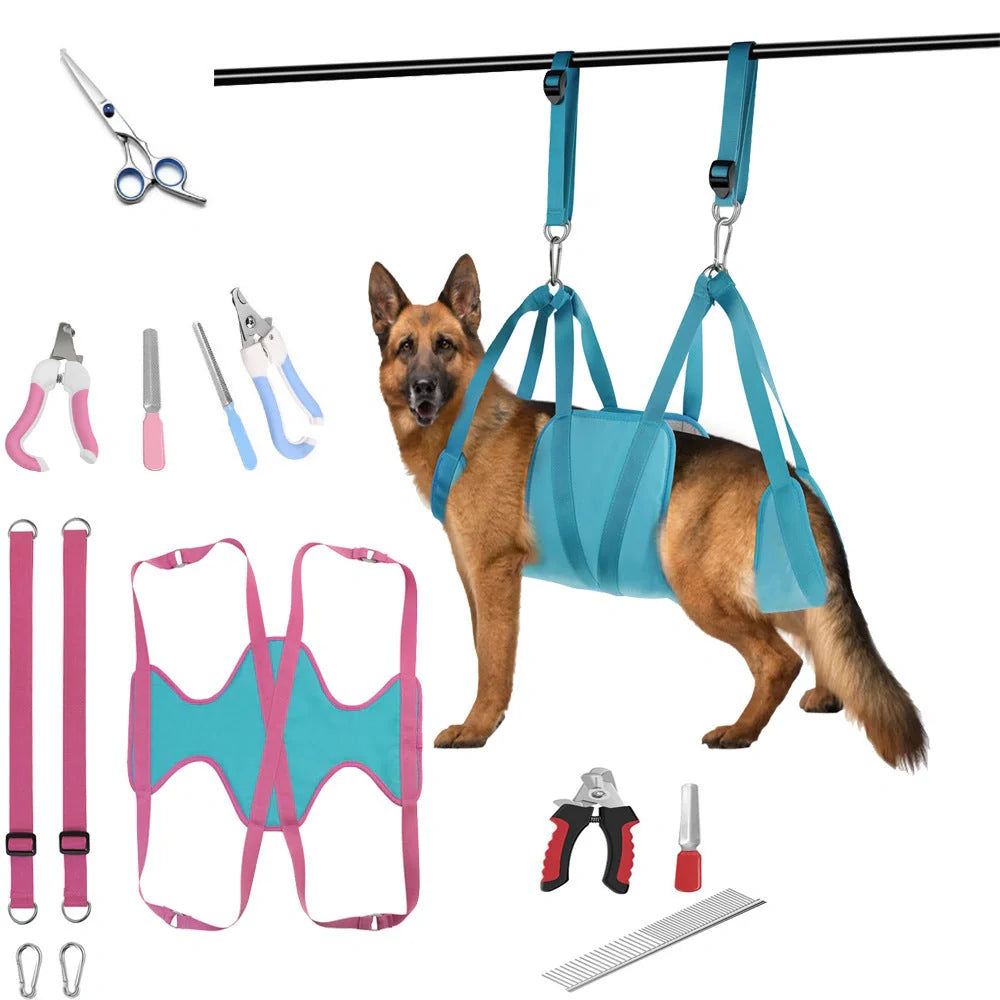 Pet grooming hammock for cats and dogs with nail clippers set, available in blue, blue + rose red, and grey