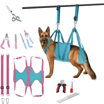Pet grooming hammock for cats and dogs with nail clippers set, available in blue, blue + rose red, and grey