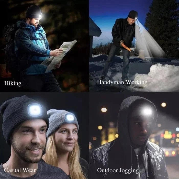 LED Knit Hat with built-in light for night visibility, made from 100% wool
