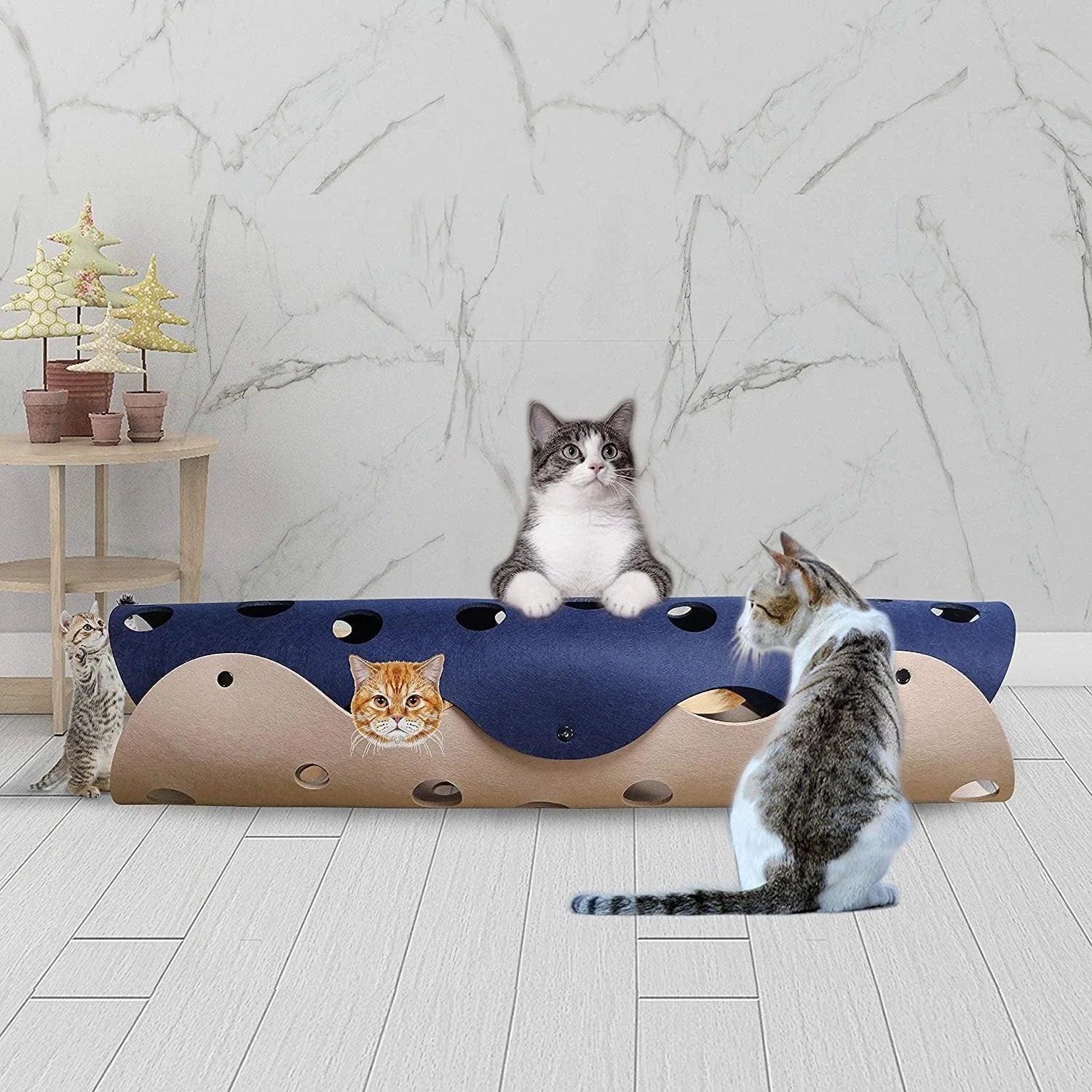 Cozy Felt Cat Tunnel with multiple peek-a-boo holes, available in various stylish color options for interactive play and relaxation.