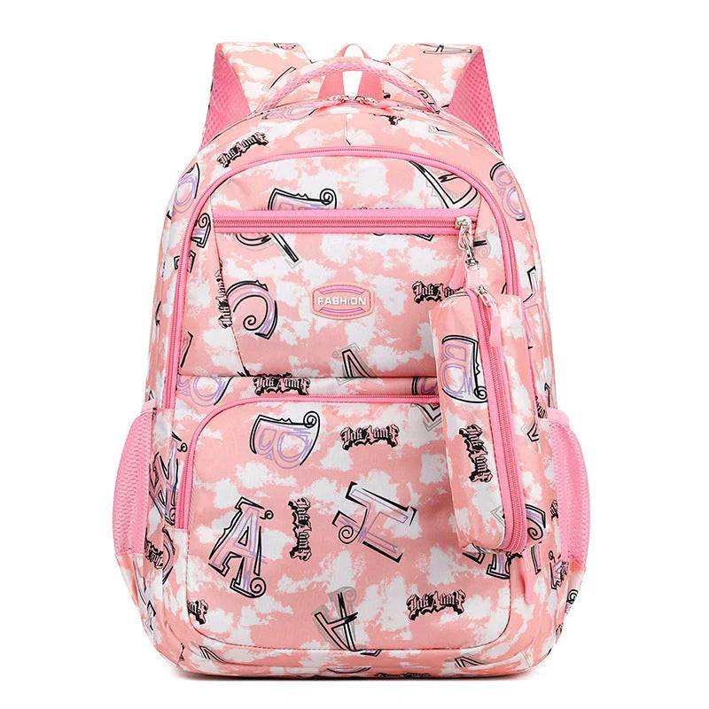 Letter print backpack with pencil case for primary school students in various colours