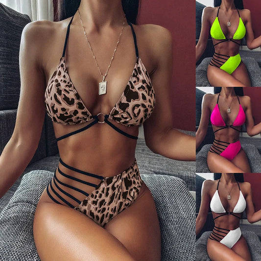 Leopard print halter neck bikini set with cutout straps for summer beach wear