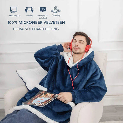 Comfy oversized TV hoodie blanket in various stylish colors, perfect for cozy movie nights and relaxation at home.