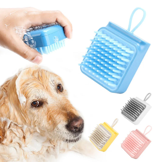 Soft TPR Pet Bath Massage Brush for dogs and cats in white, pink, blue, and yellow
