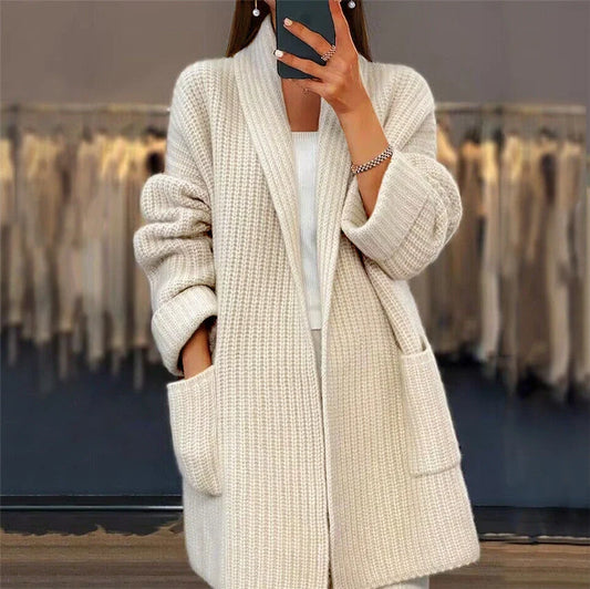 Stylish women's lapel knitted cardigan with pockets in various colours