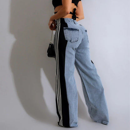 Stylish high-waist denim pants with patchwork details, available in a range of trendy color combinations