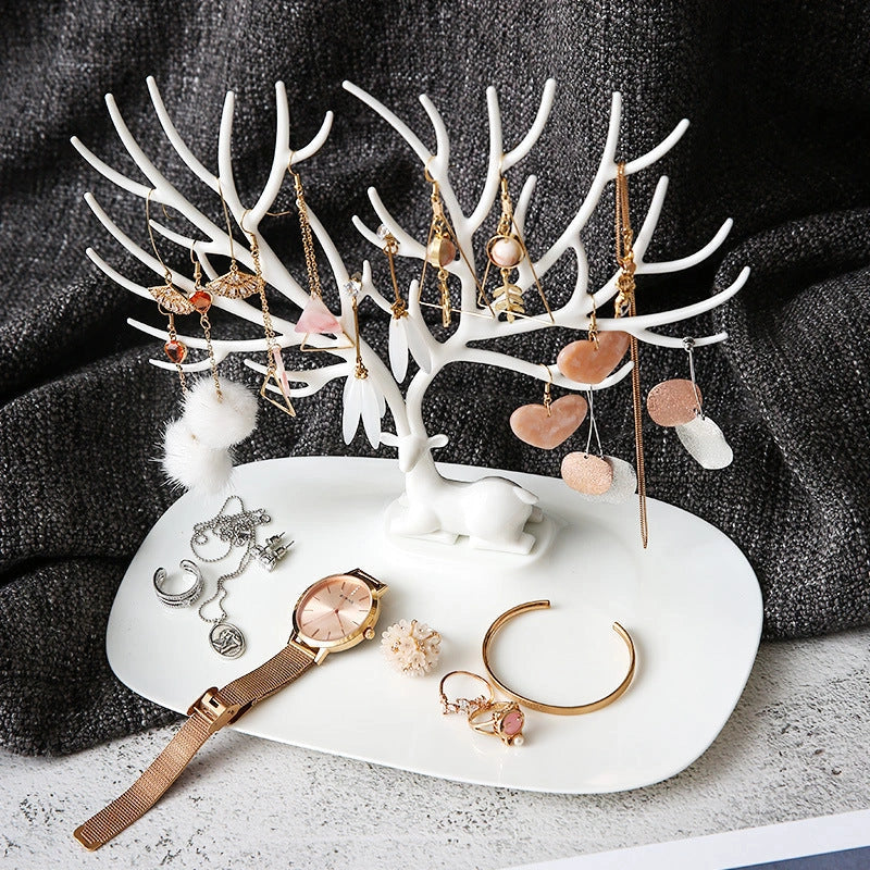 Deer Antler Jewelry Stand in white and black, displaying necklaces and earrings