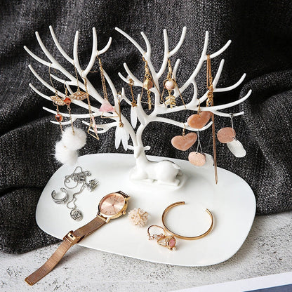 Deer Antler Jewelry Stand in white and black, displaying necklaces and earrings