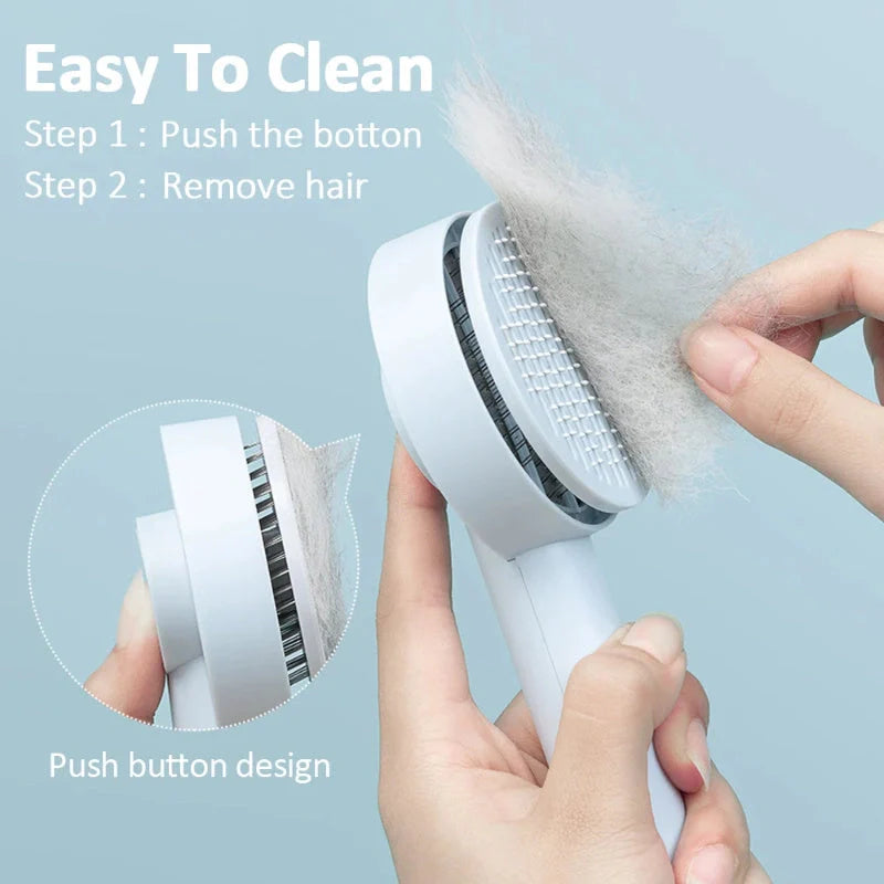 Self-cleaning pet grooming comb with stainless steel needles in blue, pink, and white