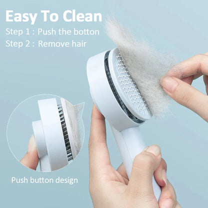 Self-cleaning pet grooming comb with stainless steel needles in blue, pink, and white